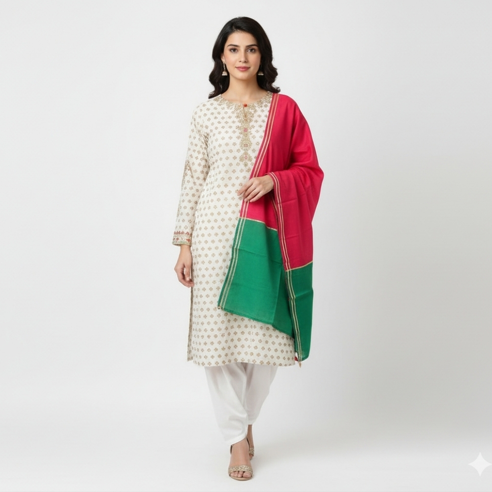 Rang Ja Women's Pakistani Embroidered Kurti & Dupatta - White, Medium